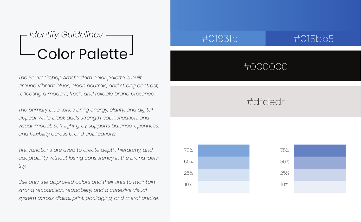 Die Farbpalette aus dem Styleguide von Apexor mit Schwarz, Elektroblau und Weiß