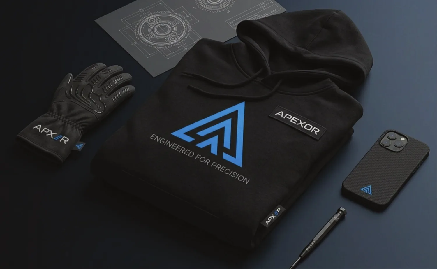 Der Hoodie mit dem Apexor-Logo als Anwendungsbeispiel aus dem Styleguide