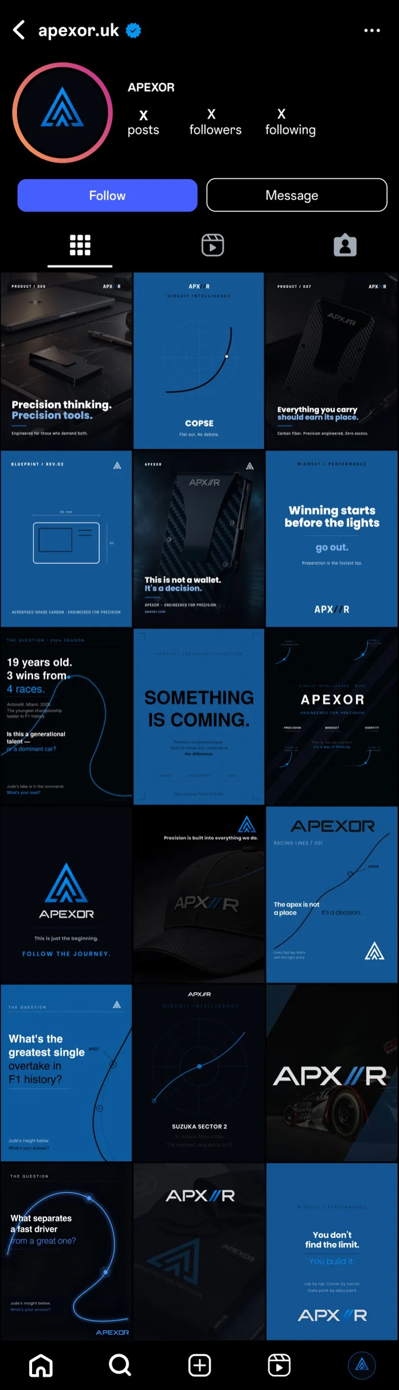 Das erste komplette Instagram-Profil von Apexor, jede Kachel im System aus Schwarz und Blau