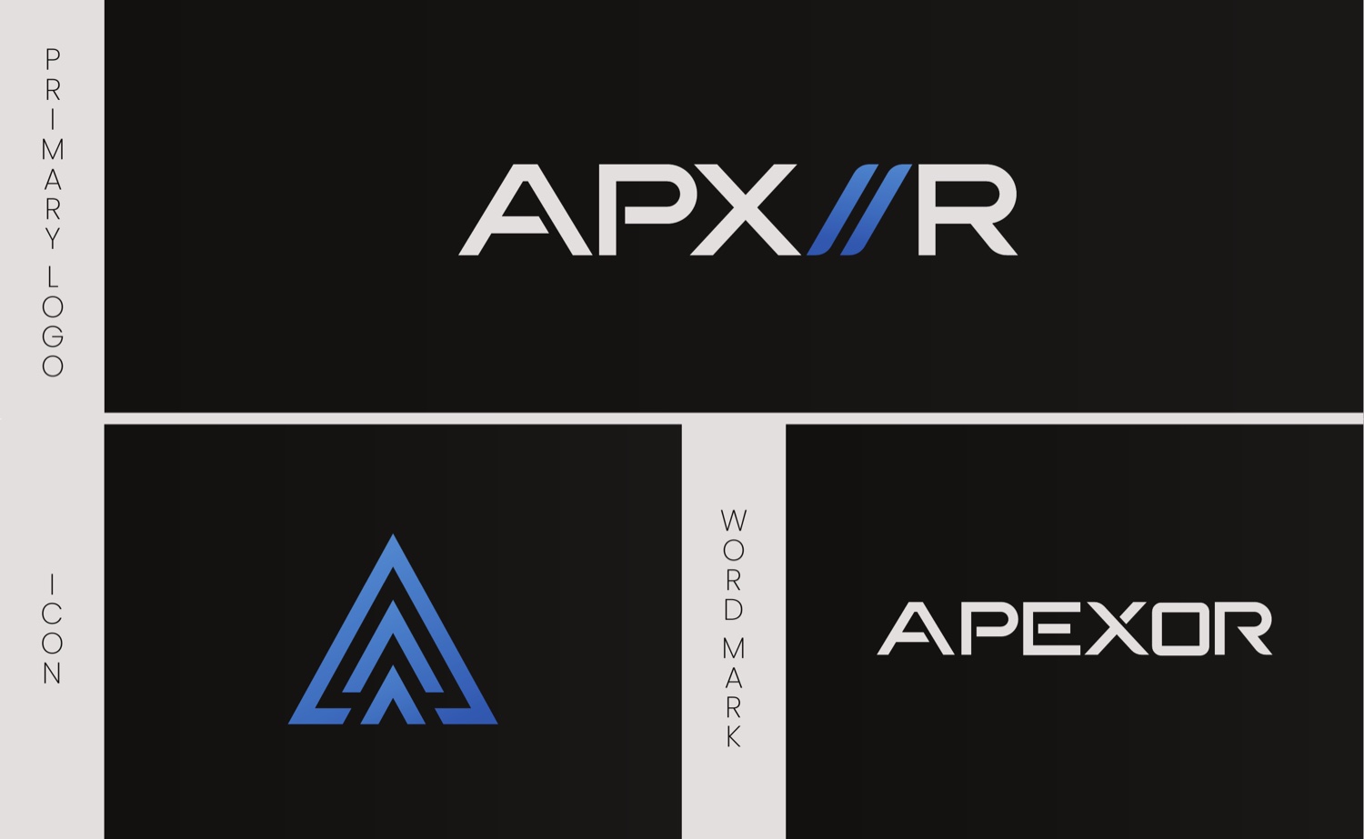 Das APX//R-Monogramm von Apexor mit Tempostrichen im System aus Schwarz und Elektroblau