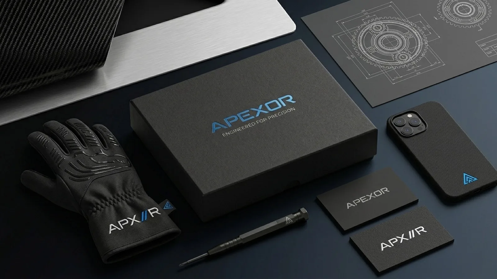 Die Wortmarke APEXOR, angewendet auf Produkt und Merchandise im Mockup