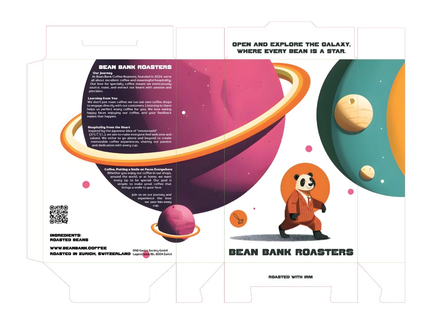 Die zweite Ansicht der Faltschachtel von Bean Bank, druckfertig für die Produktion angelegt