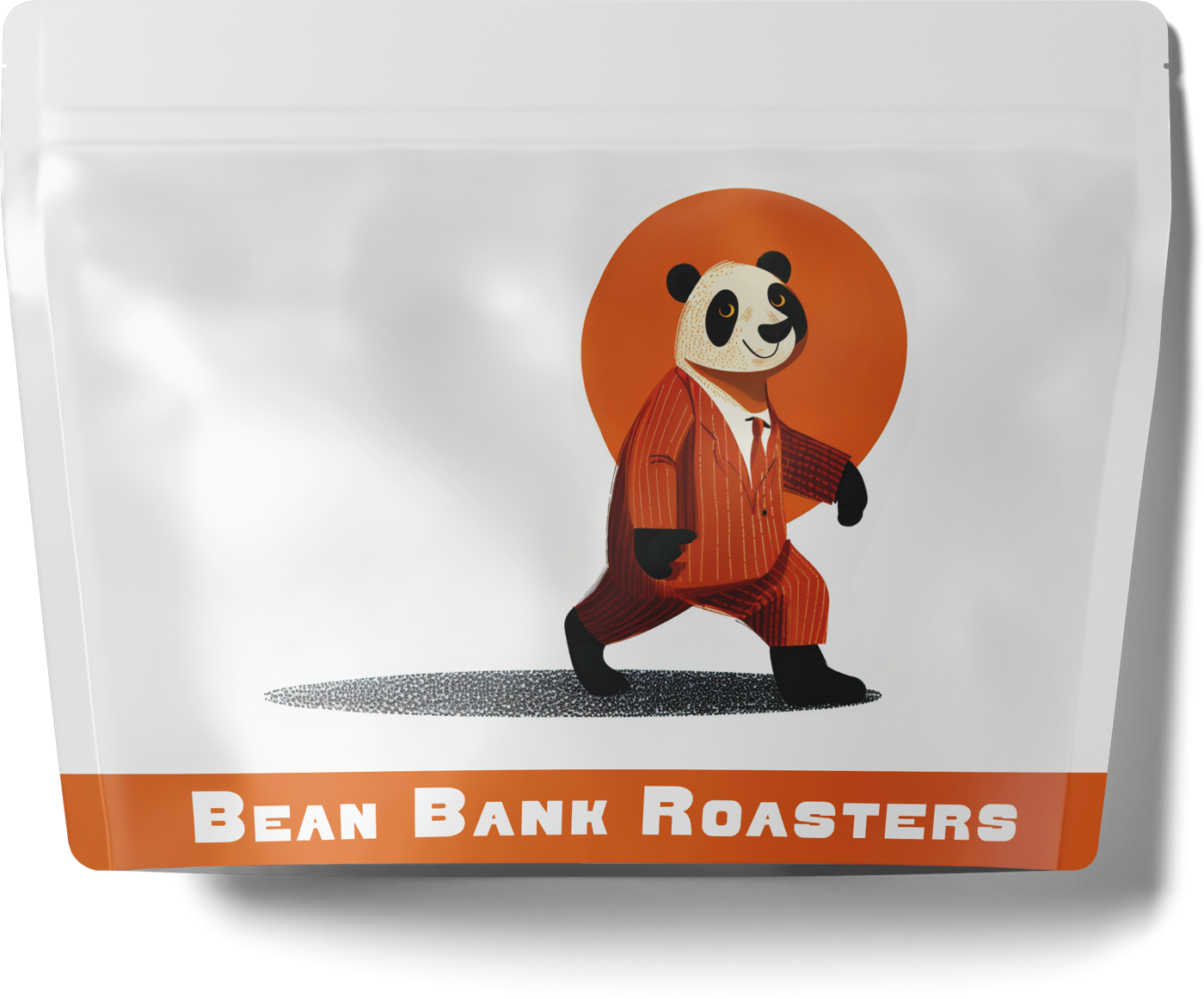 Der Kaffeebeutel von Bean Bank mit der Gestaltung rund um Pondu und den orangen Planeten