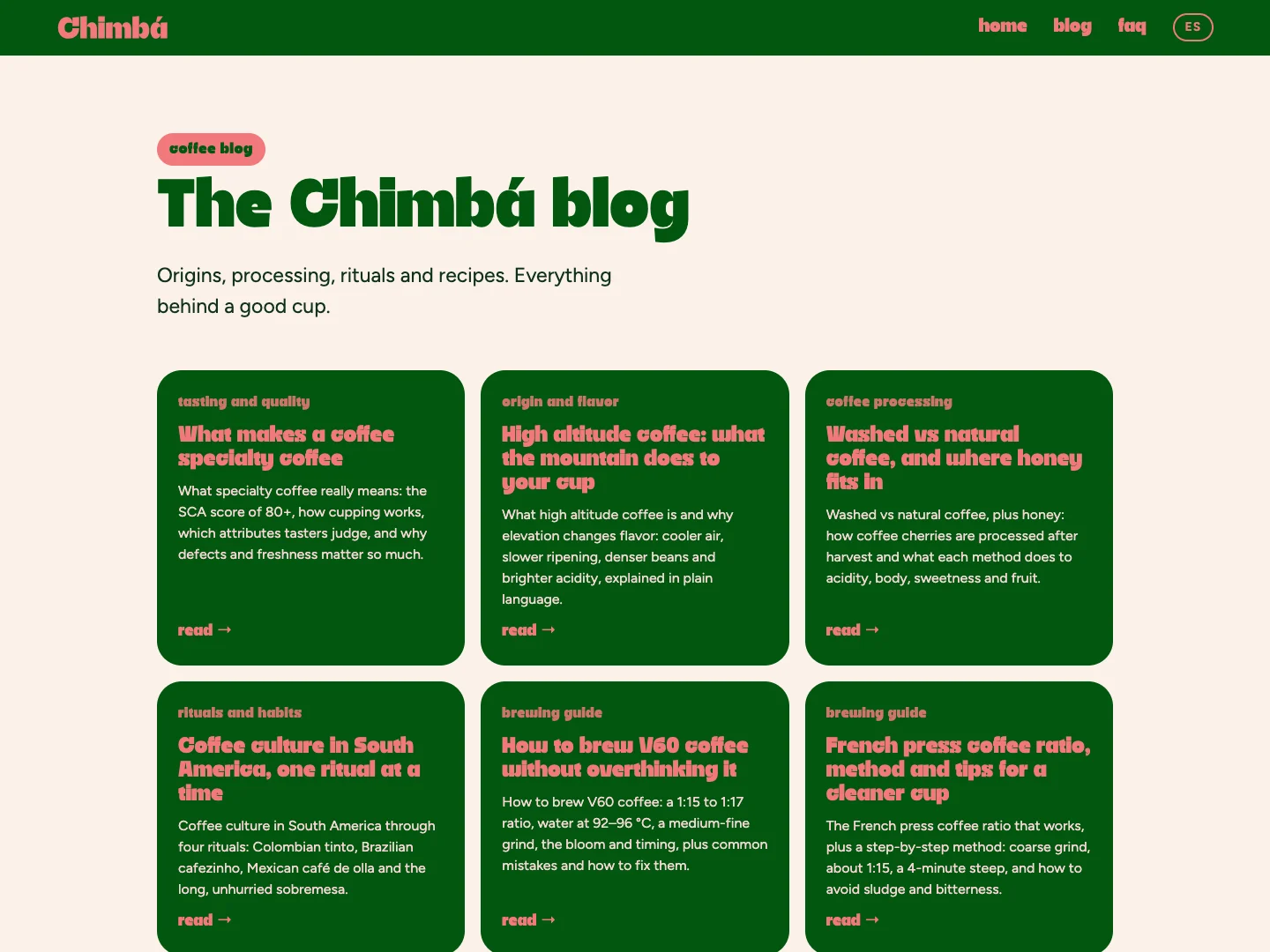 Die Übersicht der zwölf Kaffeeratgeber auf der Website von Chimbá, auf Spanisch und Englisch
