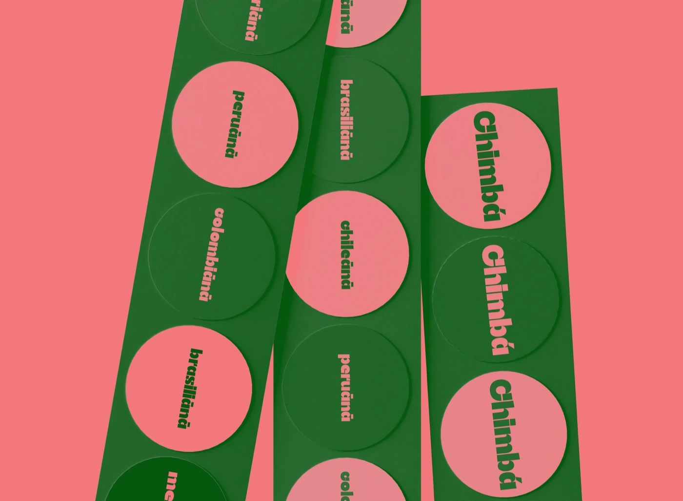 Der Stickerbogen von Chimbá mit Herz, Wortmarke und den Farben der Kaffeekirsche