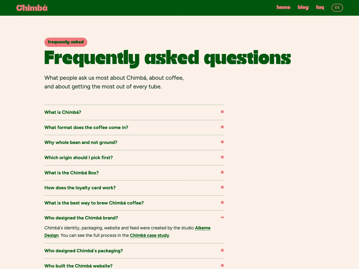 Die FAQ-Seite der Website von Chimbá mit Antworten auf häufige Fragen zum Kaffee