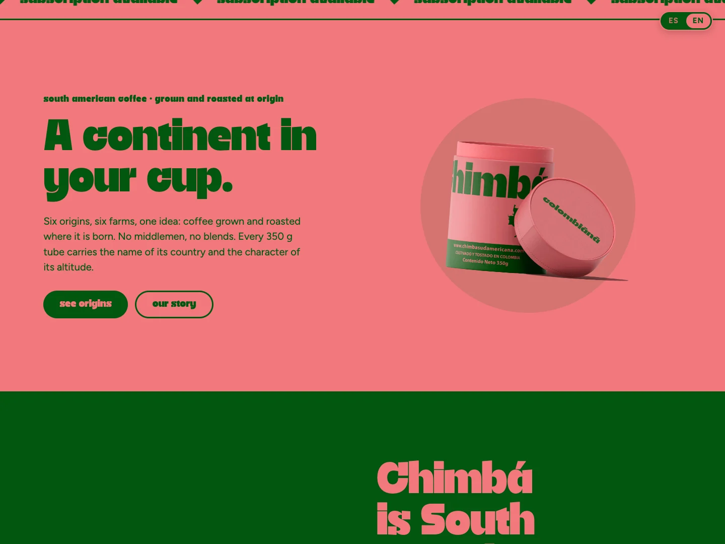 Die Seite der Website von Chimbá mit den Kaffees aus sechs Herkunftsländern