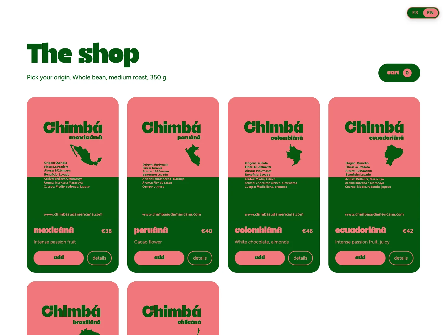 Der Shop auf der Website von Chimbá mit den Kaffees und der Chimbá Box