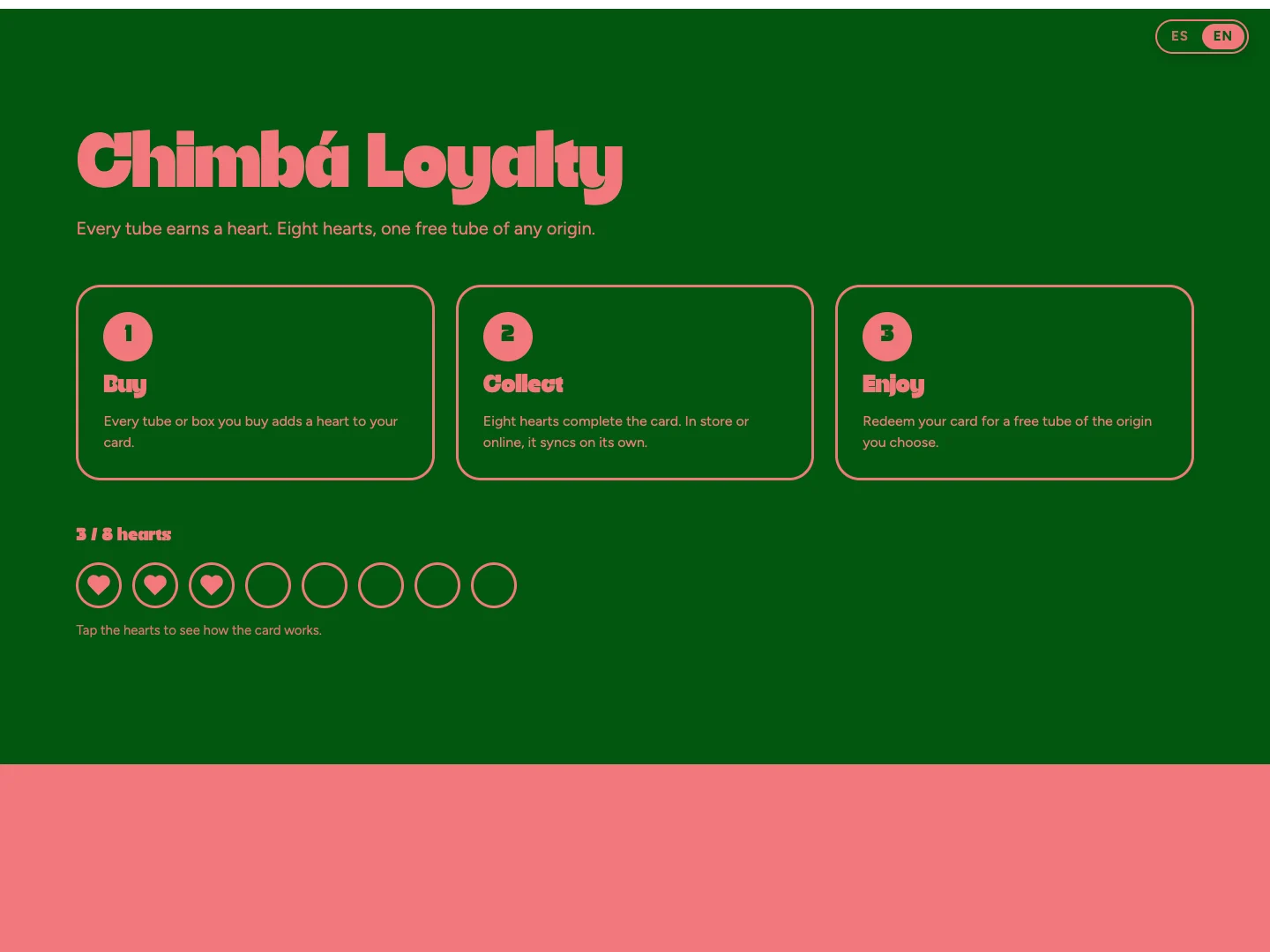 Die digitale Treuekarte auf der Website von Chimbá, bei der jede Dose ein Herz bringt