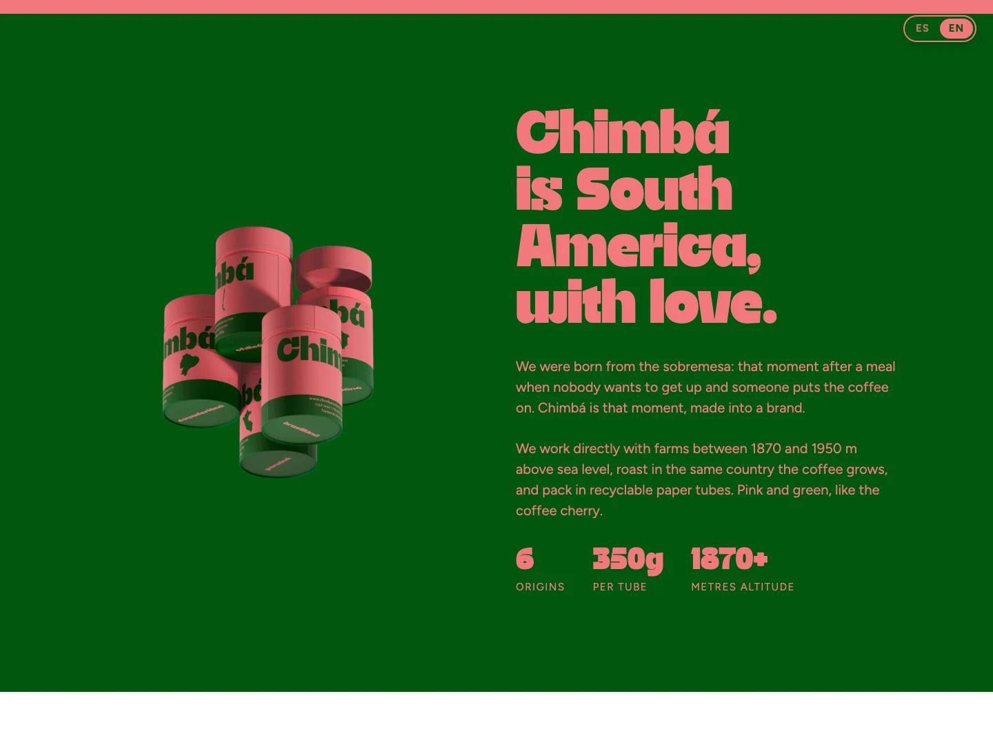 Die Über-uns-Seite der zweisprachigen Website von Chimbá in Tiefgrün und Koralle