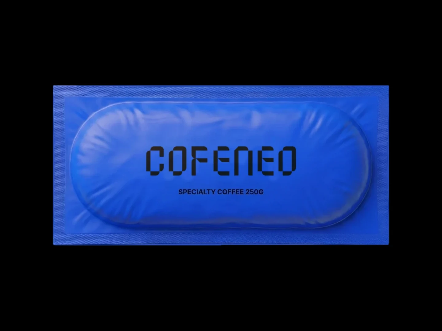 Der blaue Vakuumbeutel von COFENEO in Pillenform für den runderen Espresso