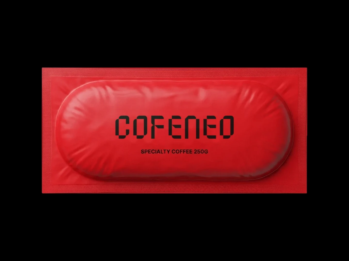Der rote Vakuumbeutel von COFENEO in Pillenform mit flachem Siegelrand, 250 g