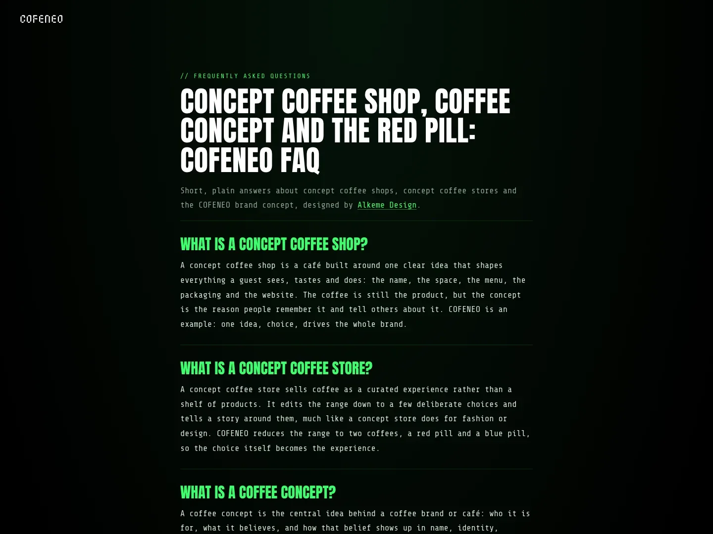 Die FAQ-Seite von COFENEO zu Konzept-Cafés und Kaffeekonzepten mit strukturierten Daten