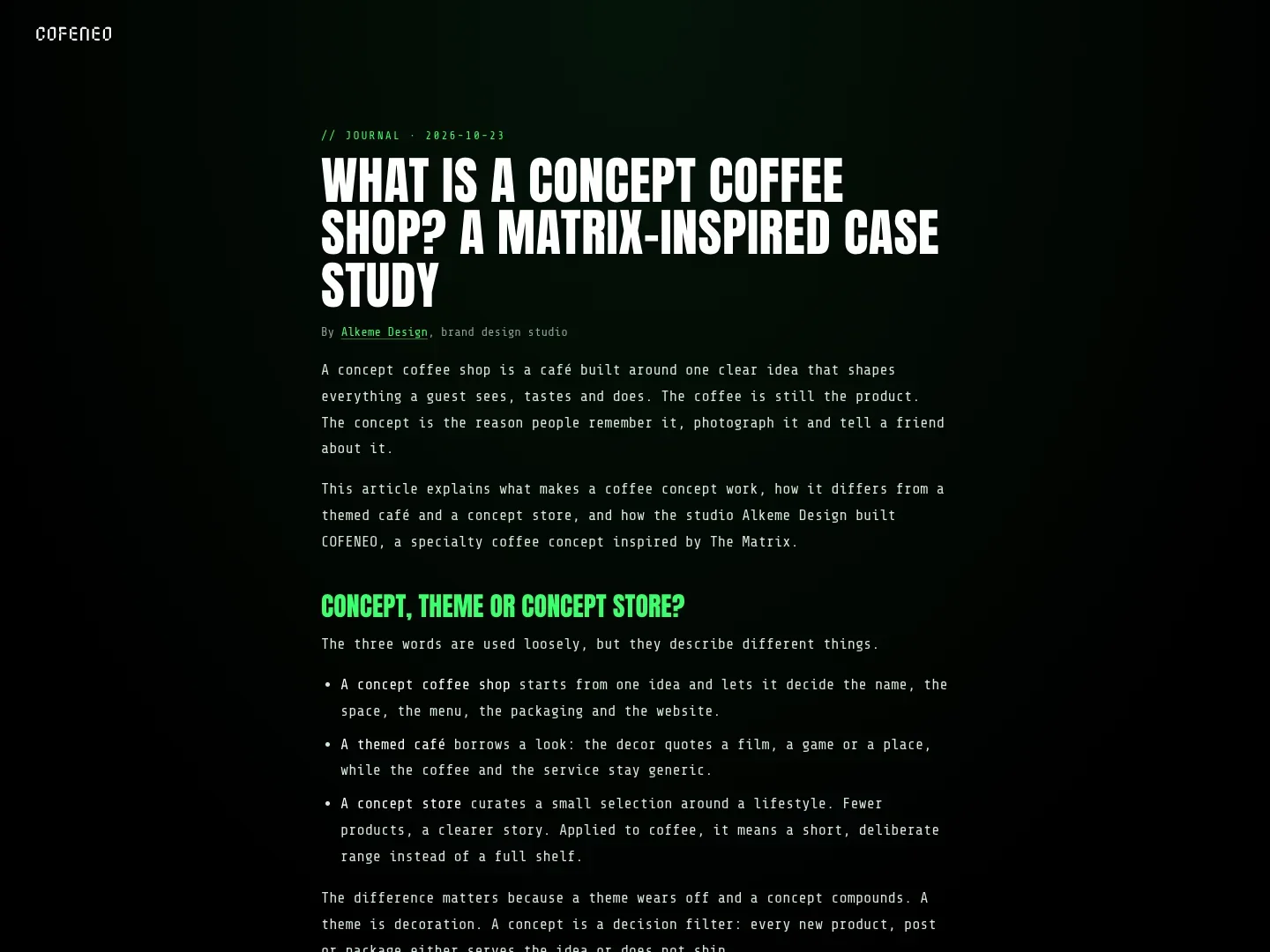 Ein Journalartikel von COFENEO über Konzept-Cafés sowie Branding und Verpackung für Kaffee