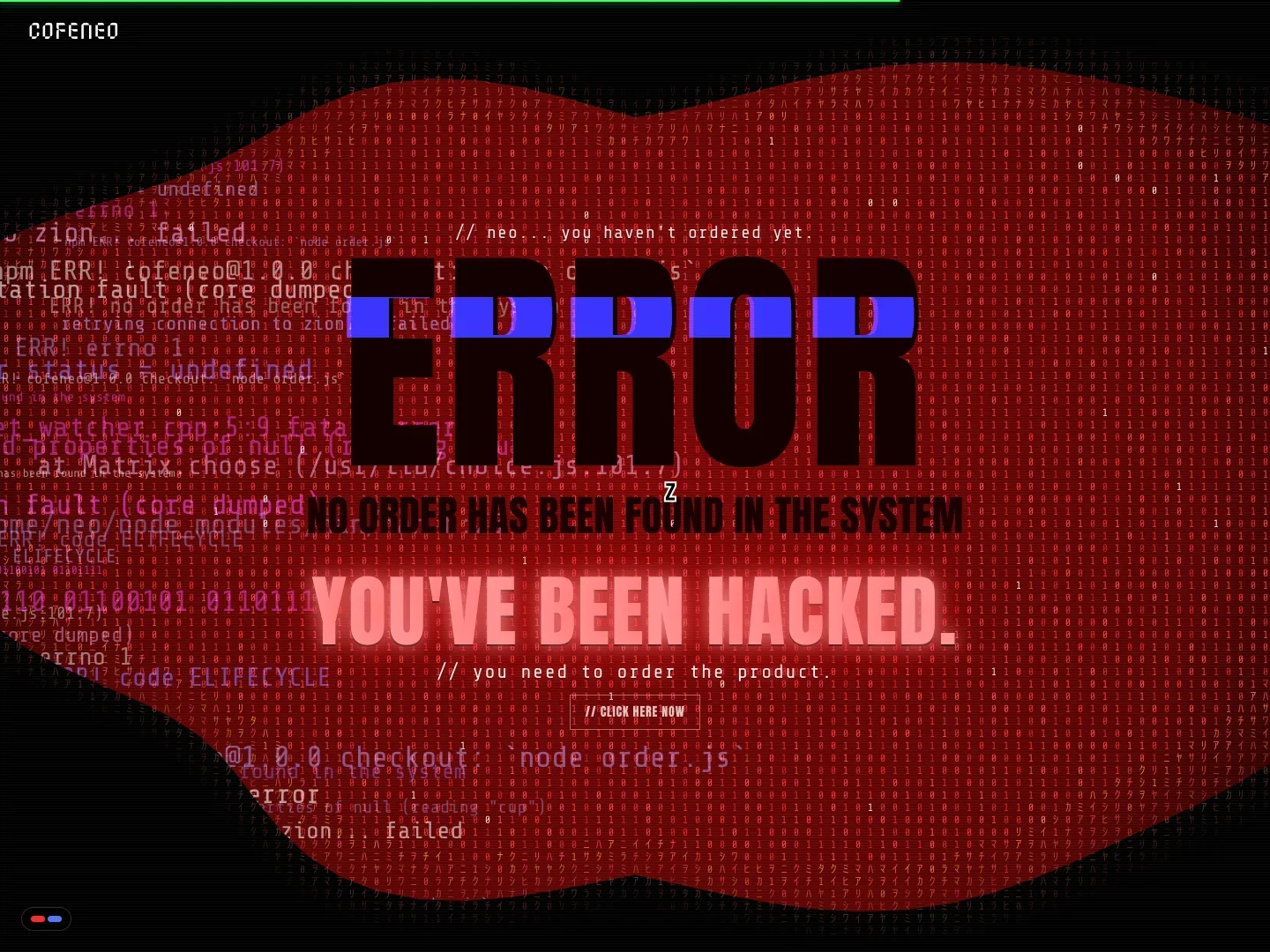 Der Fehlerbildschirm auf der Website von COFENEO, über den sich ein roter Code-Virus ausbreitet