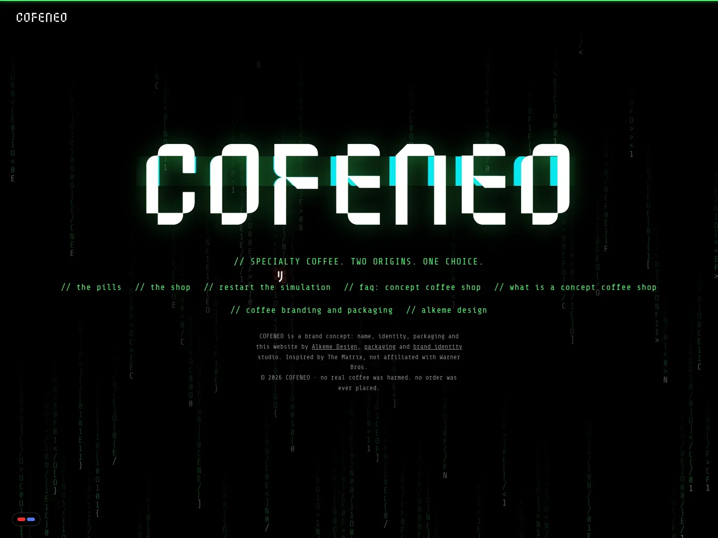 Die Fußzeile der Website von COFENEO im System aus Schwarz und Matrix-Grün