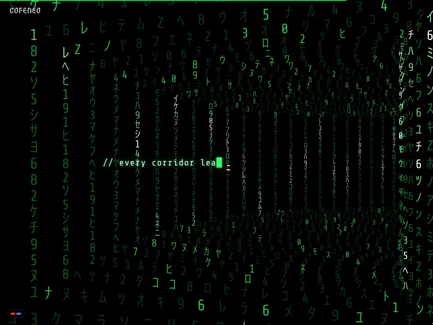 Der Korridor aus Code auf der Website von COFENEO, der schließlich in den Shop führt