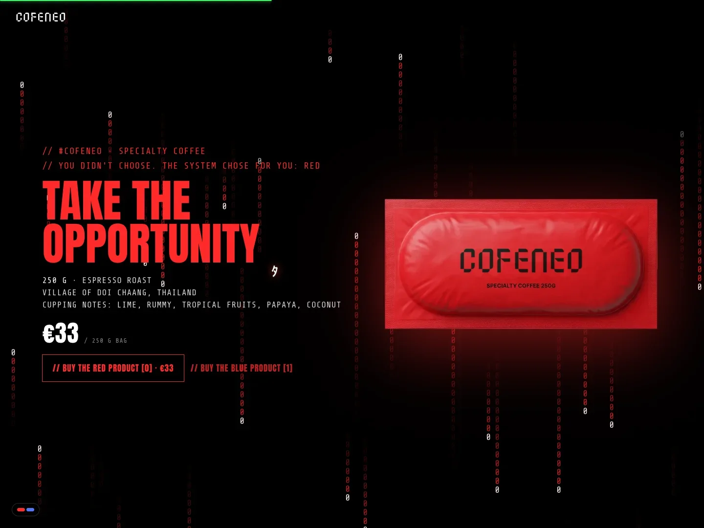 Die Produktansicht auf der Website von COFENEO mit dem Kaffeebeutel in Pillenform