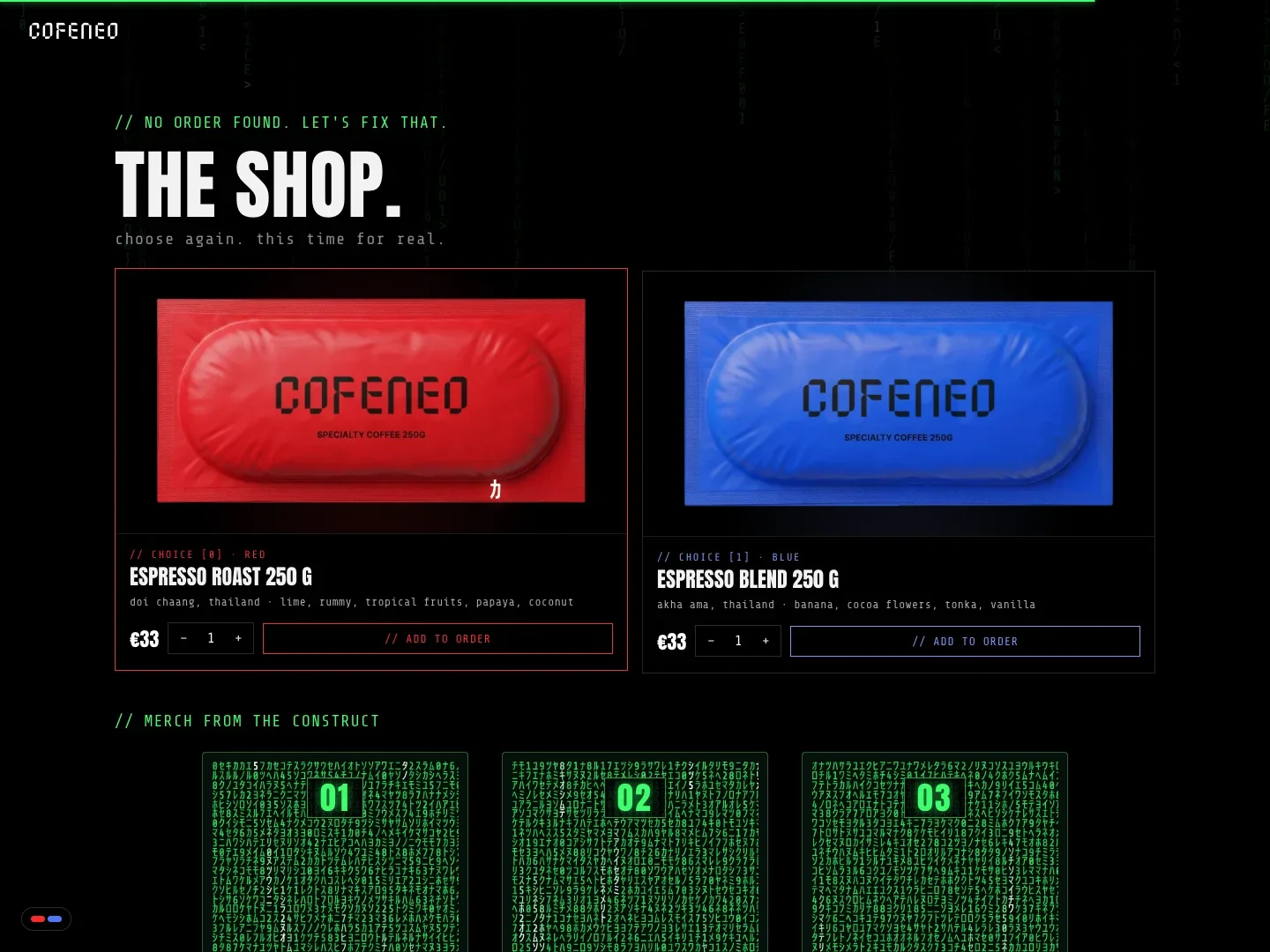 Der Shop auf der Website von COFENEO mit roter und blauer Pille als Kaffee