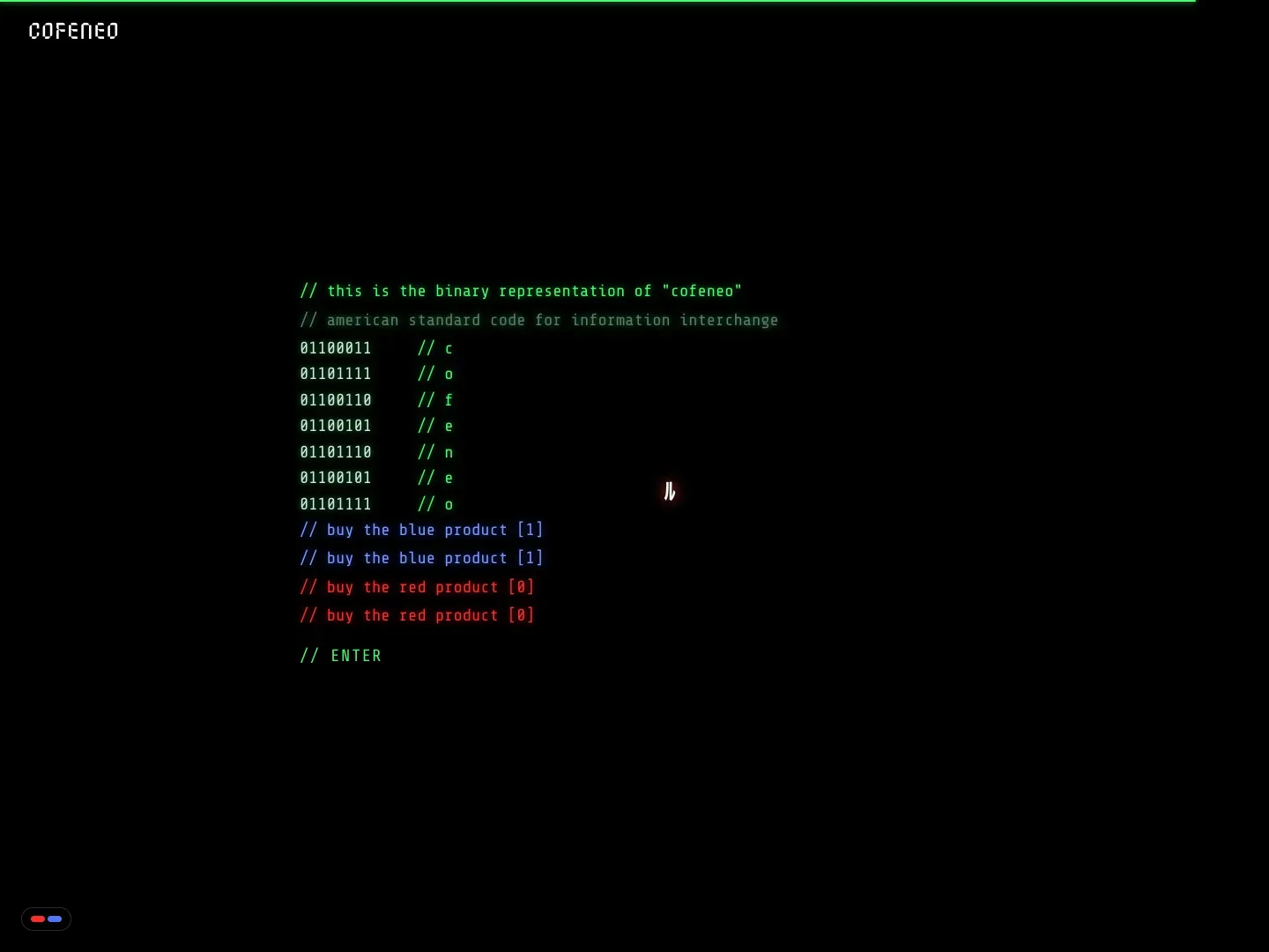 Das Terminal auf der interaktiven Website von COFENEO mit grüner Schrift auf Schwarz