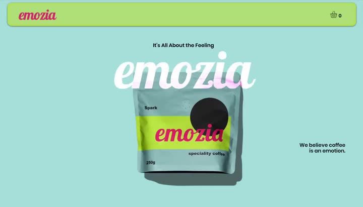 Das Titelmotiv zu Emozia in Aqua, Limette und Pink mit der Kaffeeverpackung