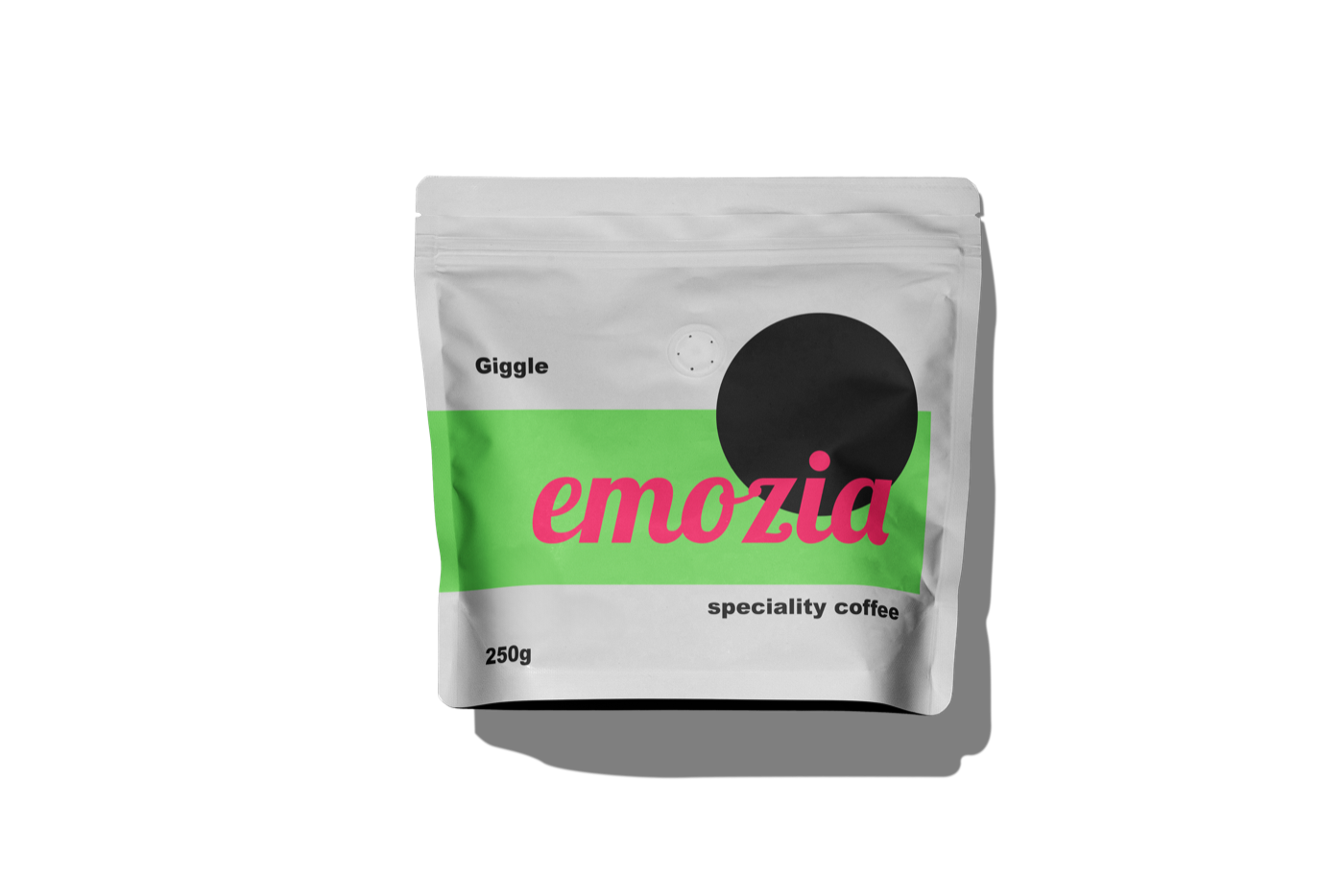 Die Kaffeeverpackung der Mischung Giggle von Emozia im verspielten System der Marke
