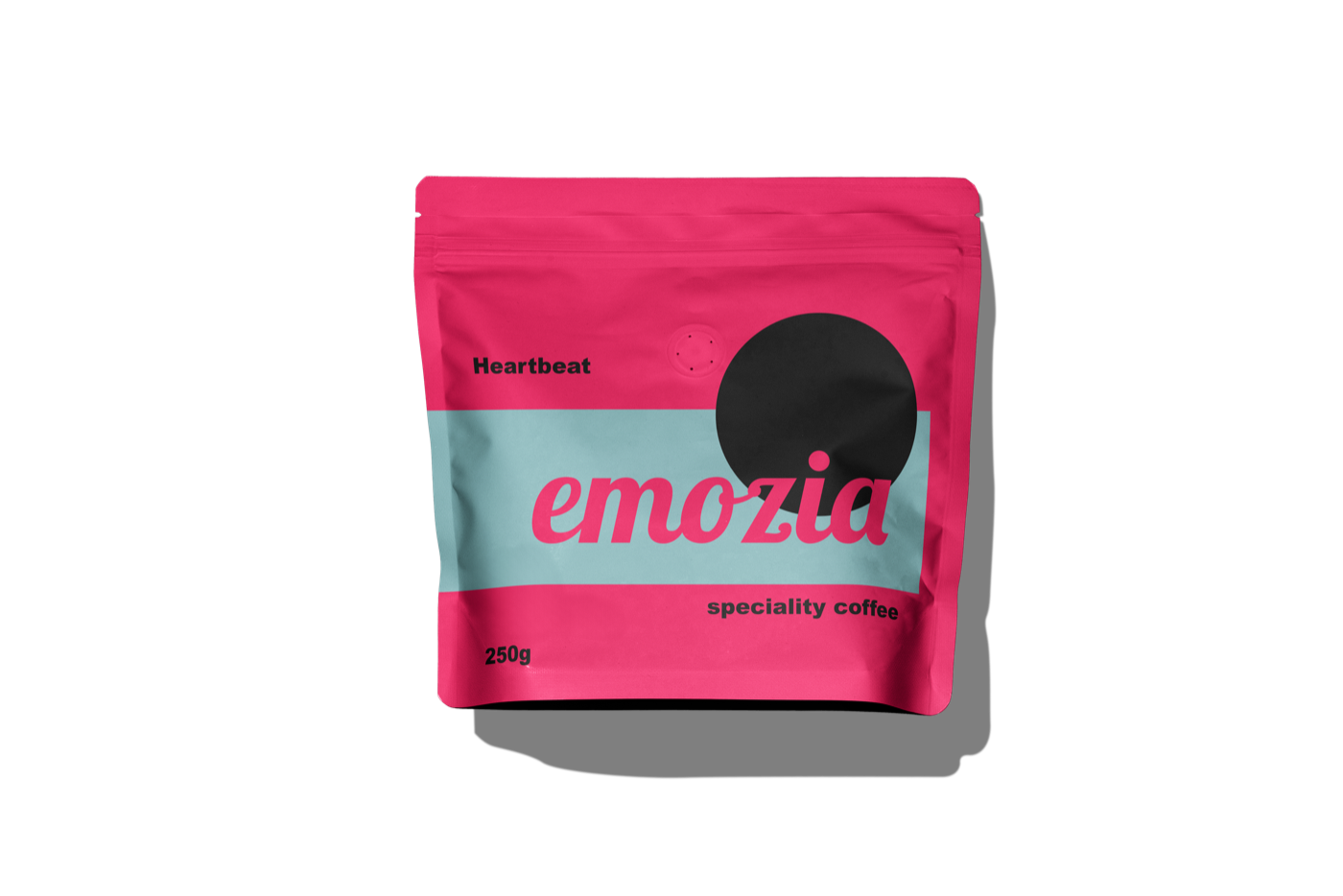 Die Kaffeeverpackung der Mischung Heartbeat von Emozia im verspielten System der Marke