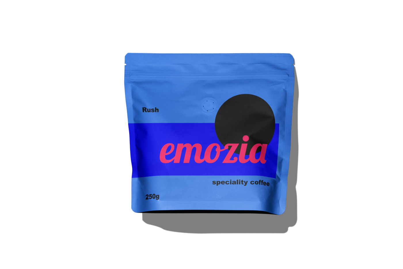 Die Kaffeeverpackung der Mischung Rush von Emozia im verspielten System der Marke