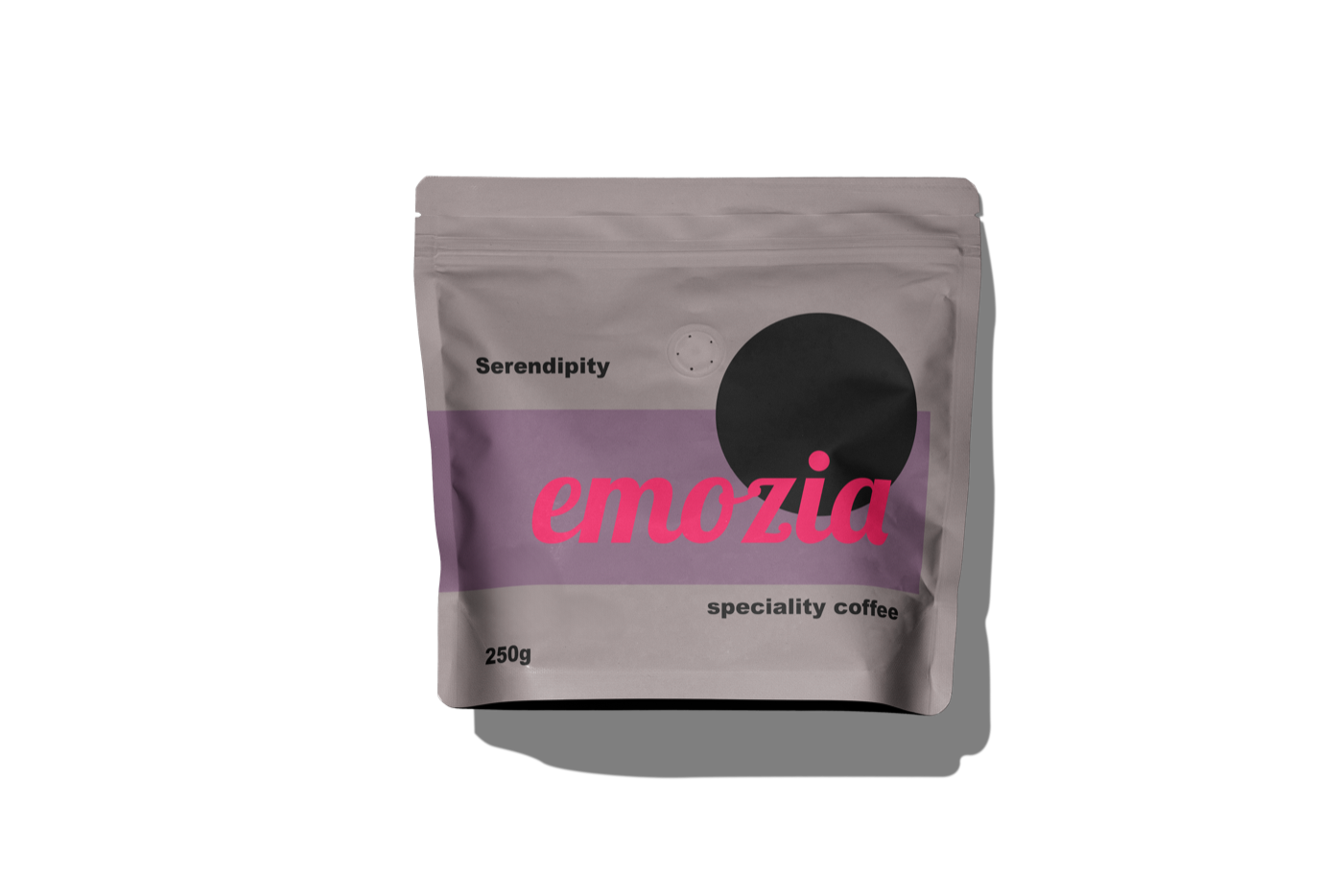 Die Kaffeeverpackung der Mischung Serendipity von Emozia im verspielten System der Marke