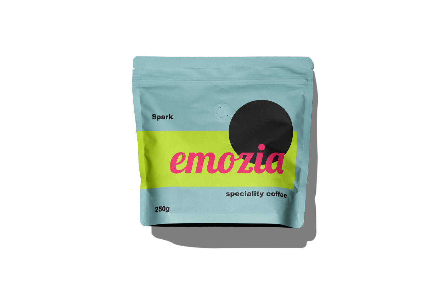 Die Kaffeeverpackung der Mischung Spark von Emozia im verspielten System der Marke
