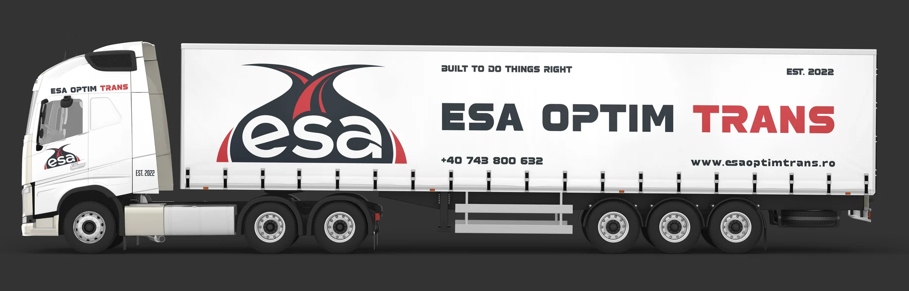 Das neue Logo von ESA Optim Trans auf dem Planenauflieger, neben dem Slogan der Firma