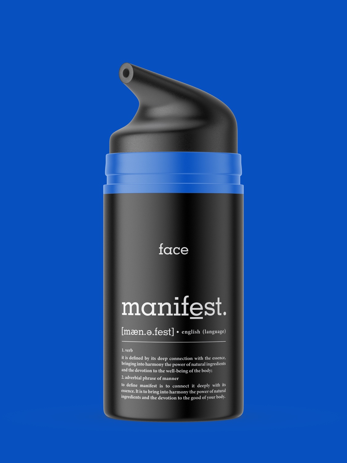 Der Airless-Spender von Manifest im System aus Schwarz, Weiß und Elektroblau