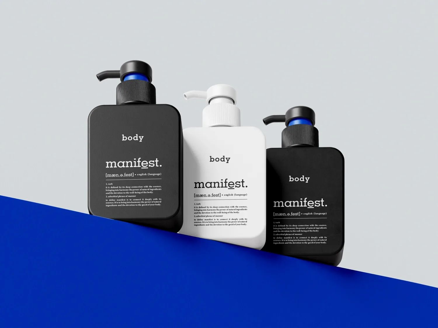 Die Pumpflasche von Manifest als klares Studio-Mockup, vierte Ansicht