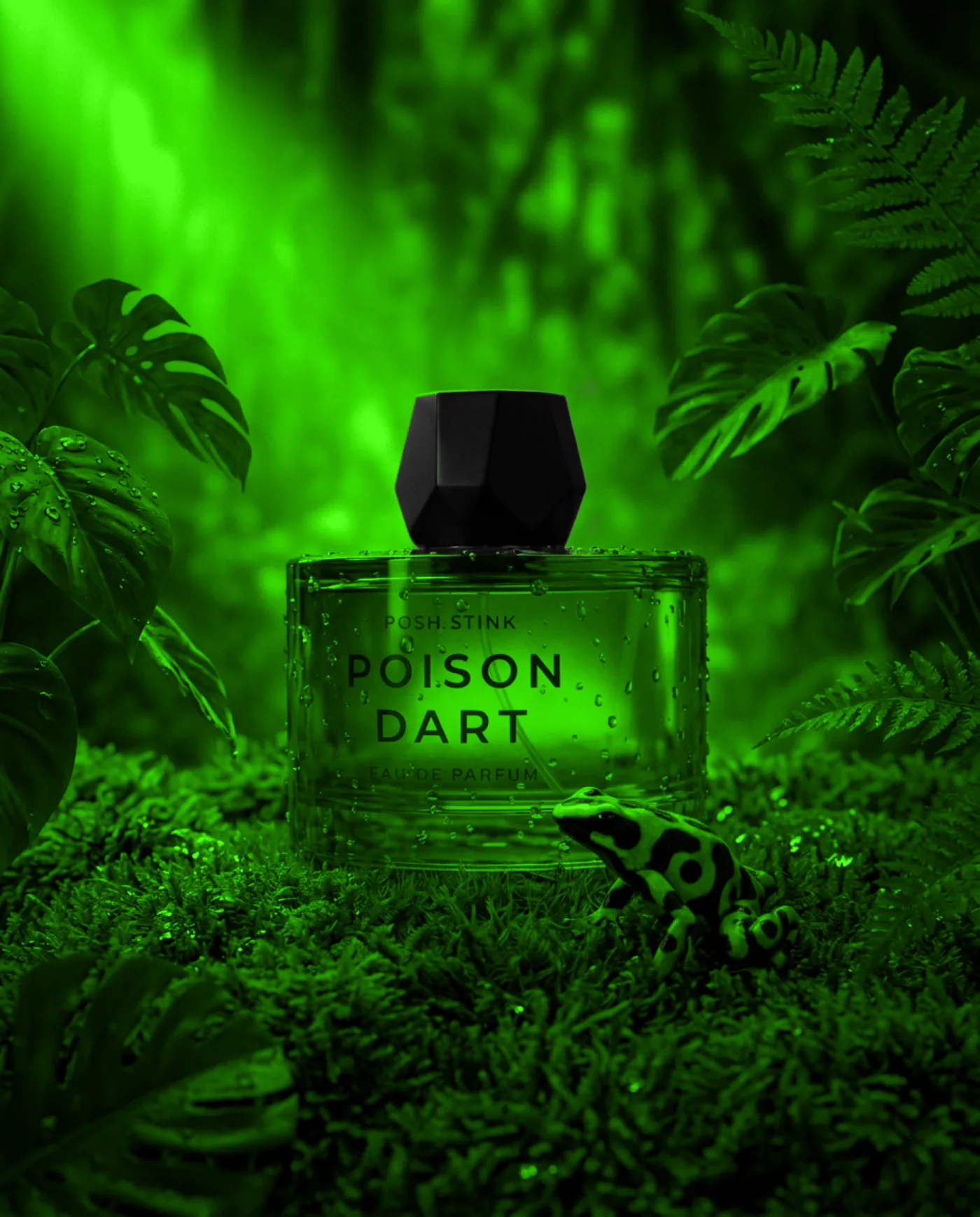 Der Flakon von Poison Dart in Regenwaldgrün, der Frühlingsduft von Posh Stink