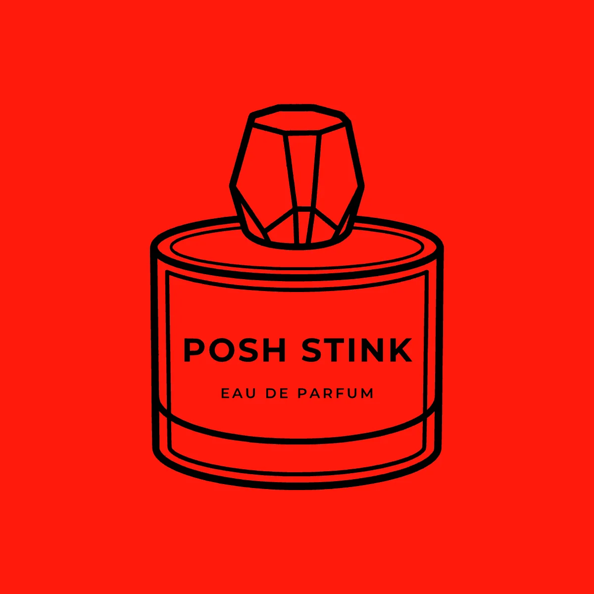 Das Flakon-Logo von Posh Stink in der Farbe der Jahreszeit, hier in Vulkanrot