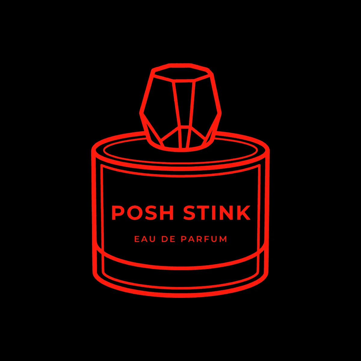 Das Flakon-Logo von Posh Stink auf Schwarz, in einer kräftigen Linie gezeichnet