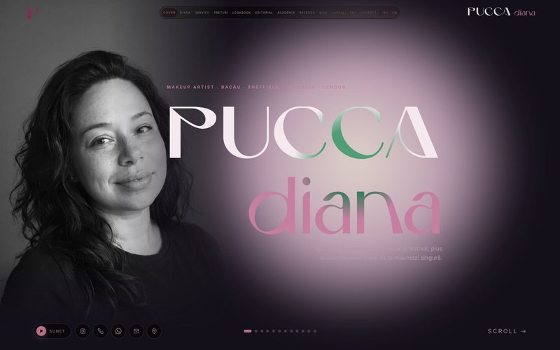 Das Titelmotiv zu Pucca Diana mit dem P-Monogramm in Rosa und der Website