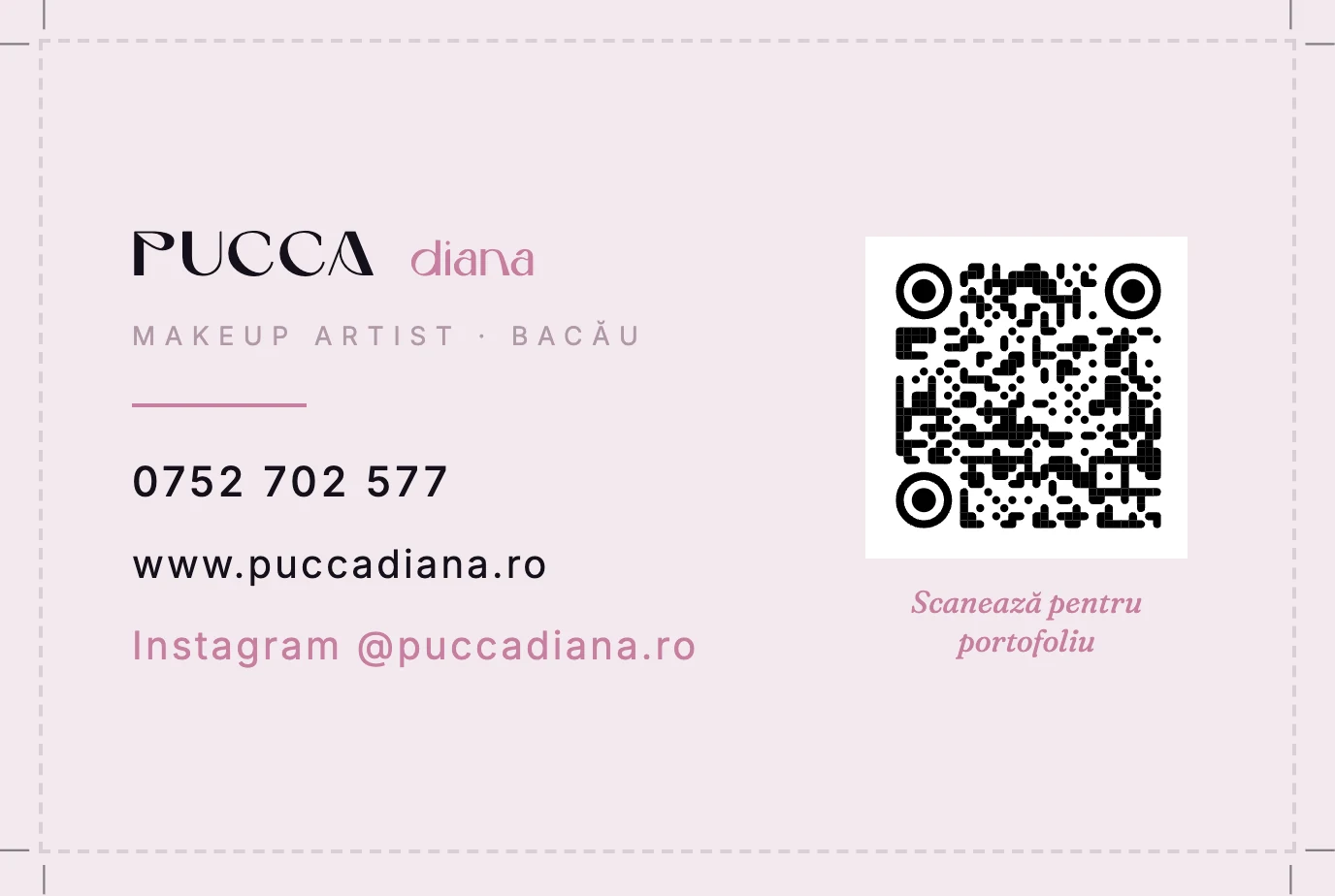 Die Rückseite der Visitenkarte von Pucca Diana mit QR-Code direkt zum Profil