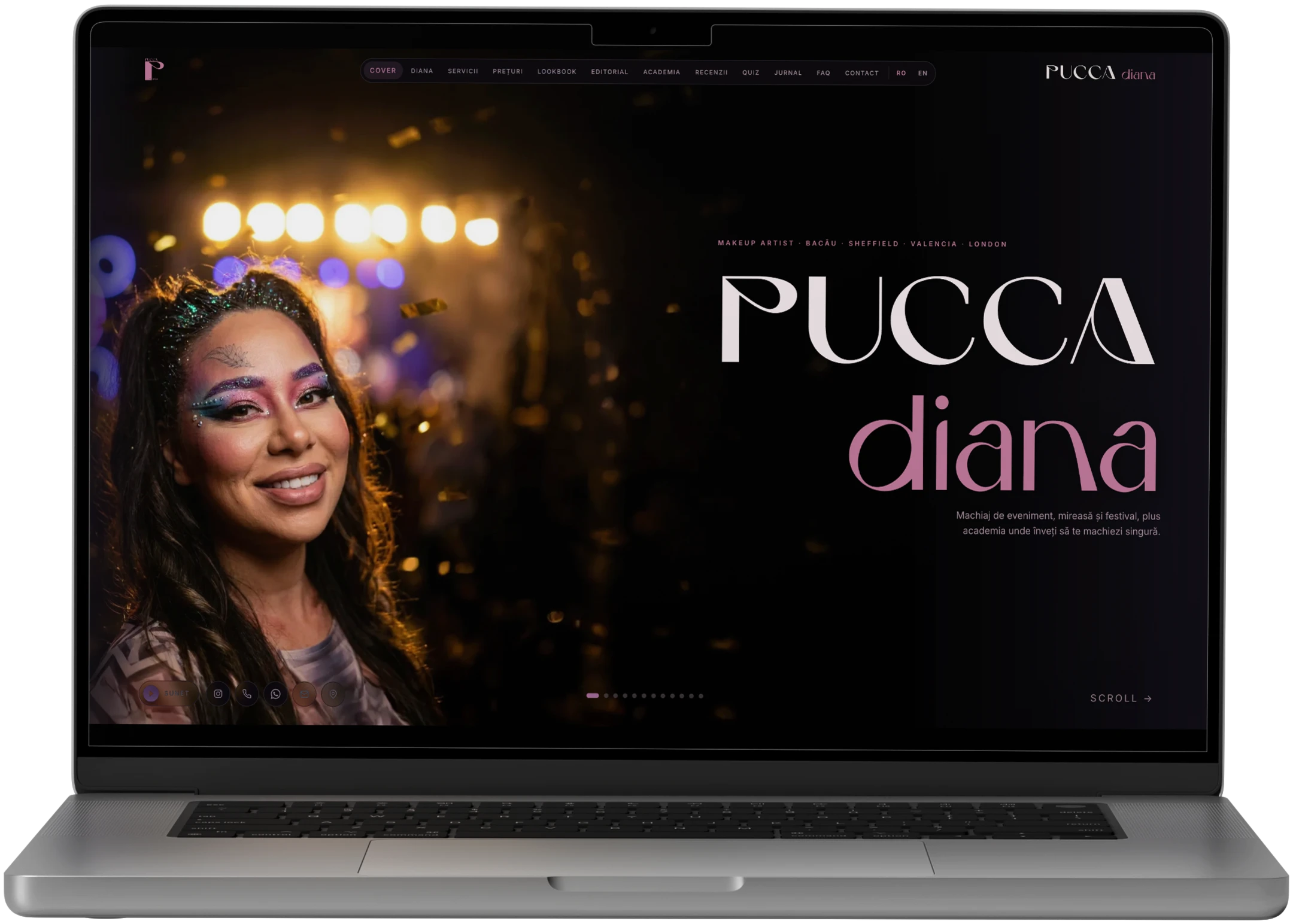 Die Website von Pucca Diana auf einem Laptop, ein horizontaler Film in Kapiteln