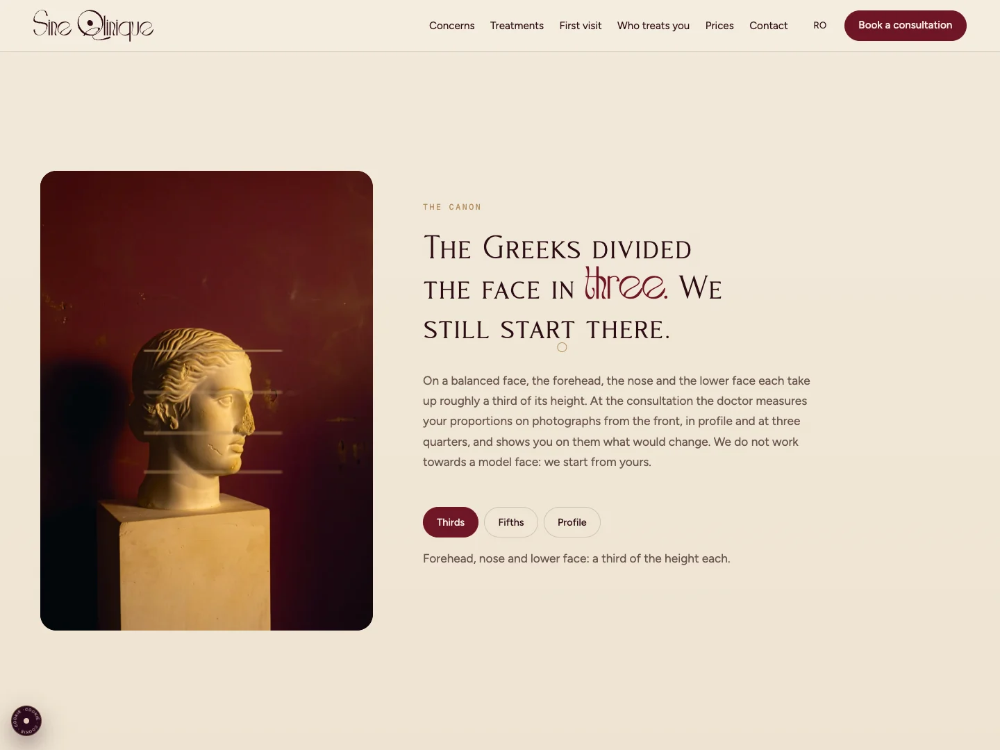 Der Kanon der Proportionen auf einer griechischen Büste auf der Website von Sine Qlinique