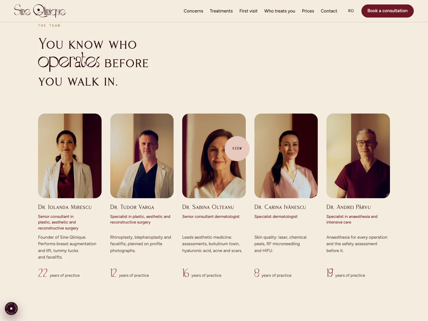 Das Team der Klinik auf der Startseite der Website von Sine Qlinique