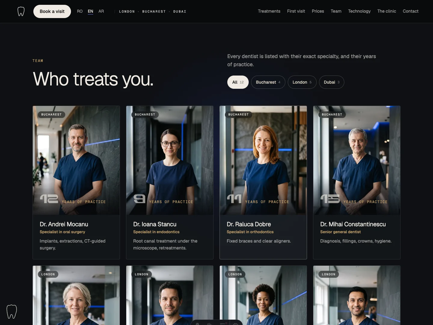 Das Ärzteteam von Smalț auf der Startseite der Website, filterbar nach Stadt